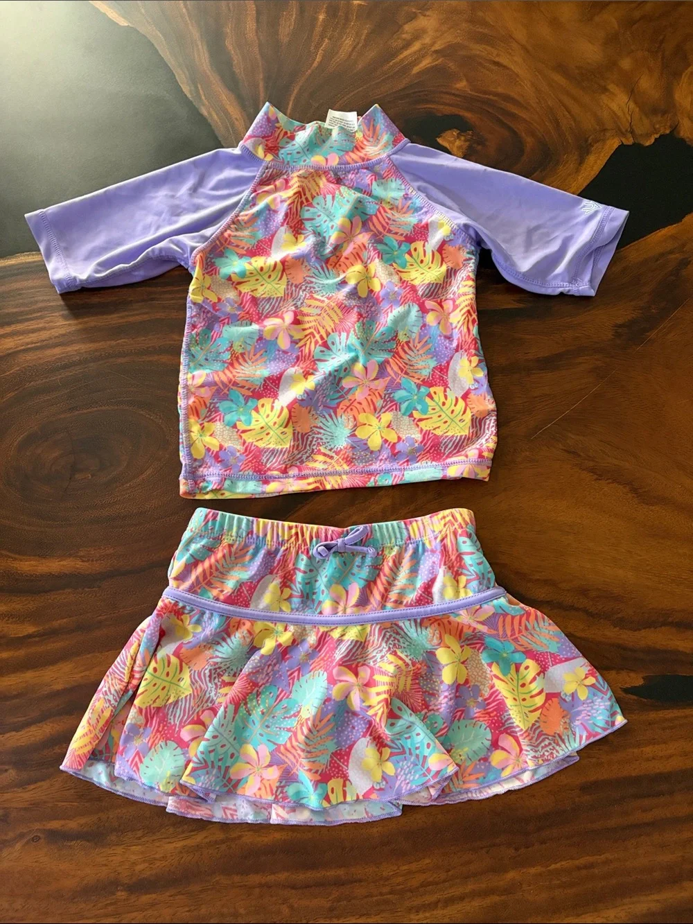Kids Purple Tropical Rashguard Swim Set - Two-Piece UV Top & Skirt